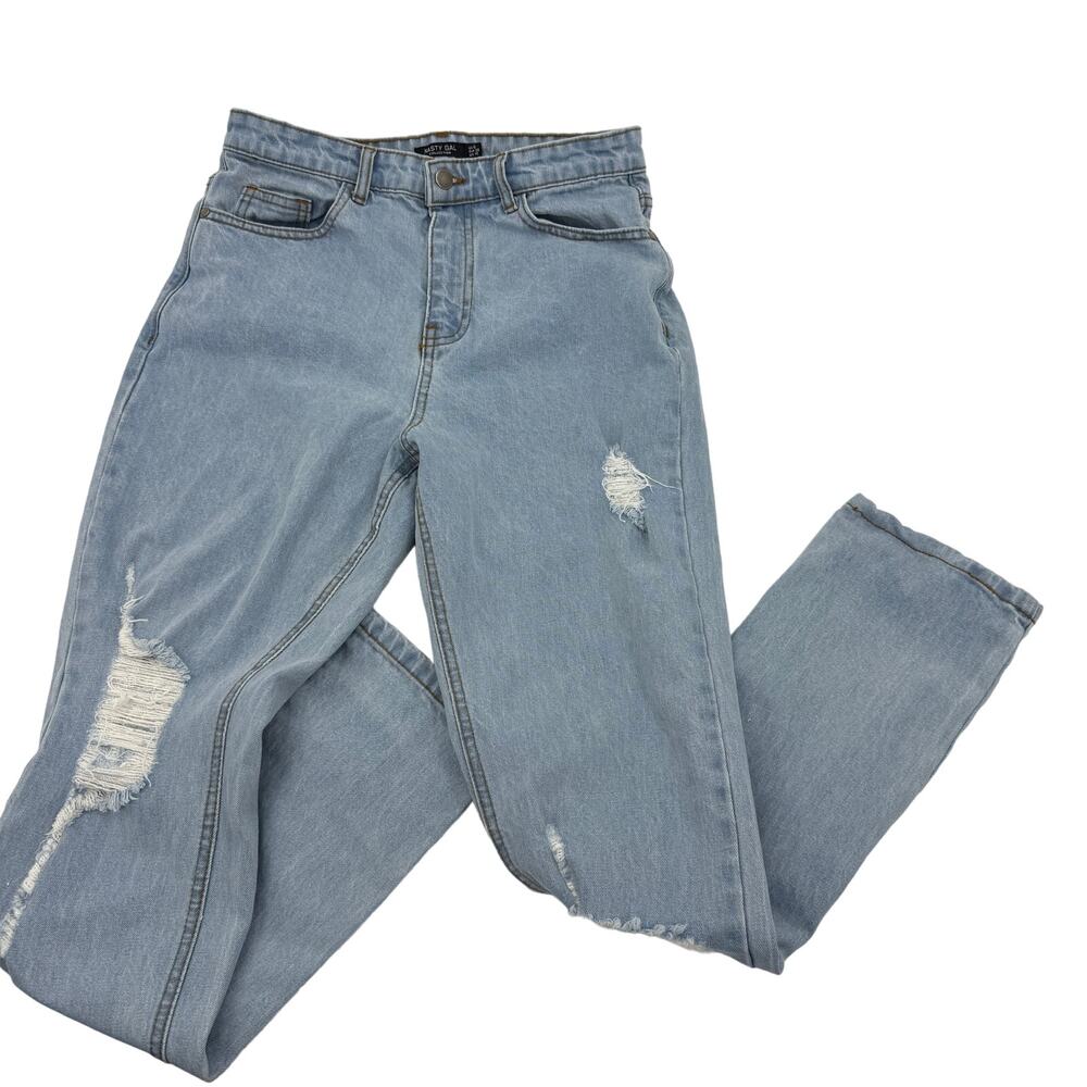 NASTY GAL Light Wash Distressed Jeans Size 6 High Rise Straight Leg Cotton Denim